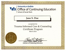 sample frameable certificate of completion for the trauma-informed care and counseling program. 