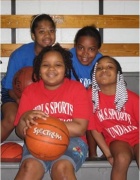Kids smiling while sitting together and holding basketballs. 