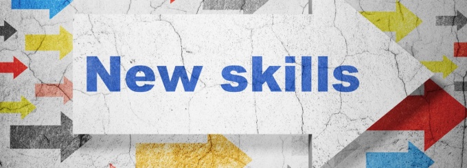 Illustrated arrows graphics that says "New skills". 