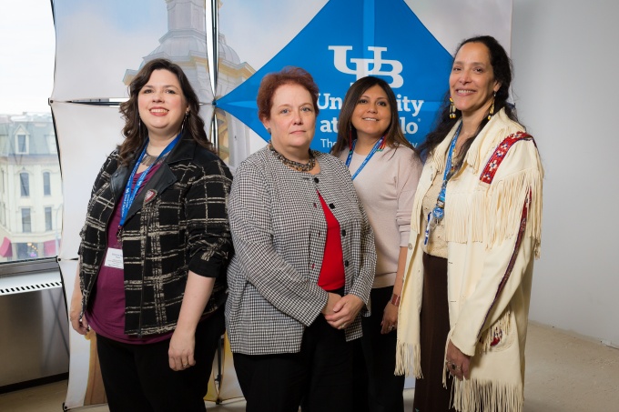Guest Speakers Melanie Sage and Jaynie Parrish with Dean Nancy Smyth and Hilary Weaver DSW at the 2017 Annual Symposium: Indigenous Women: Human Rights Protection and Activism. 