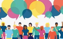Illustration of group of people with empty text boxes above them.