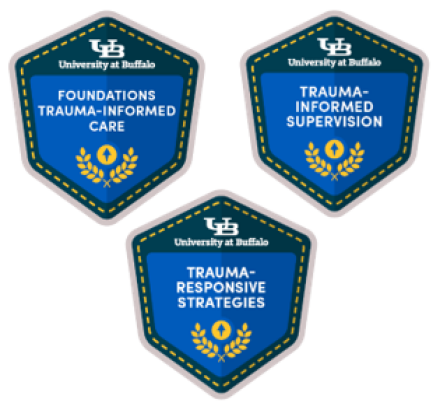 This image shows the three micro-credential badges: Foundations of Trauma-Informed Care, Trauma-Informed Supervision, and Trauma-Responsive Strategies.