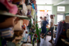 Xingyu Chen, a PhD student in Global Gender Studies, and social work student Kristie Bailey look over inventory at the Stitch Buffalo storefront on Buffalo’s West Side. Photographer: Meredith Forrest Kulwicki