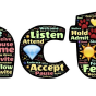 "practice" in bubble letters filled with words such as "invite, welcome, feel, hold, pause, listen, and accept". 