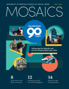 Mosaics, Fall 2024 cover, highlighting how the School of Social Work is celebrating 90 years in 2024. 