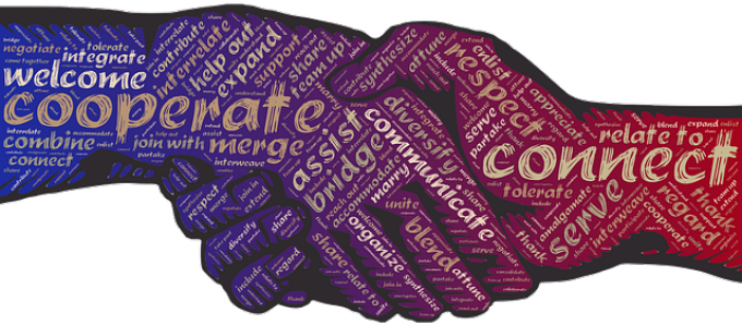 illustration of shaking hands with adjectives describing help and cooperation.