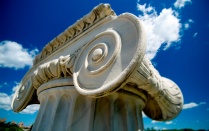 close up of white architectural pillar on north campus. 