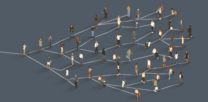 Concept of a professional collaboration network showing individuals in a branched formation. 