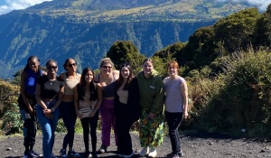 A group enjoys a view of the Turrialba Volcano in Costa Rica. 