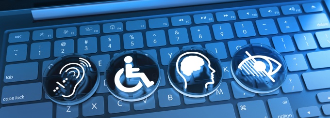 Keyboard with accessibilty icons indicating hearing, vision and mobility access. 