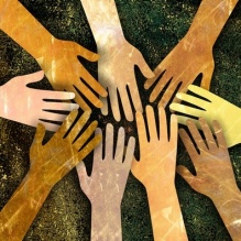 multiple hands signaling teamwork.