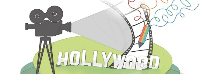 Illustration of Hollywood sign and movie projection. 