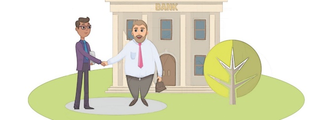 Illustration of two men shaking hands outside of a bank. 