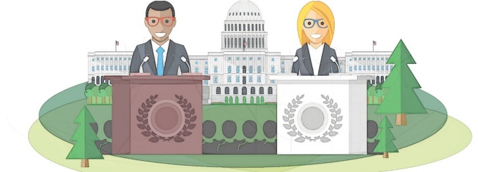 Illustration of man and woman at separate podiums in front of the Capitol building. 