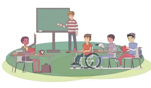 Illustration of a teacher sitting at a desk, a man at a chalkboard, and men sitting at desks. 