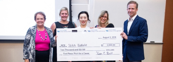  Nancy Smyth, Shannon Lach, Xingyu Chen, Kristie Bailey, Paul Tesluk pose for photo with a large check stating $2,000. 