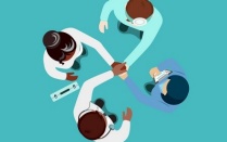 Illustration of four diverse people holding hands in circle. 