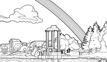 Coloring book-style illustration of Baird Point with a rainbow. 