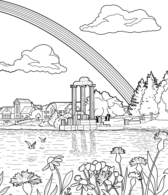 Coloring book-style illustration of Baird Point on North Campus with rainbow. 