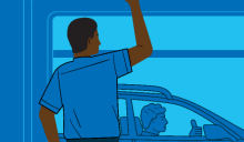 Illustrated person holding handrail on bus. 