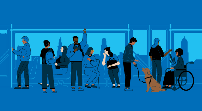 Illustrated, diverse group of public bus riders in Buffalo. 