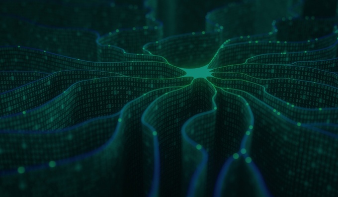 Artificial neuron in concept of artificial intelligence. Wall-shaped binary codes make transmission lines of pulses and/or information in an analogy to a microchip. Neural network and data transmission. 