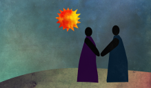 Illustrated two people holding hands, sun in the background. 