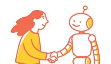 Illustration of woman shaking robot's hand.