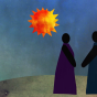 Illustration of two individuals reaching out to one another under a shining sun. 