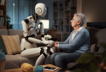 The image shows a older human sitting across from a robot. The robot holds the senior's hands as if giving comfort. 