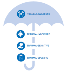The three levels of trauma practice used within the manual: trauma-informed, trauma-sensitive and trauma-specific. 