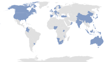 Zoom image: Map of the world with 46 countries filled in using the color blue to signify that the ITTIC manual has been requested