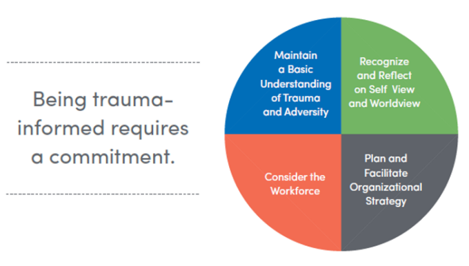 Requirements for being trauma-informed: a commitment: - Maintain a basic understanding of trauma and adversity - Recognize and reflect on self-view and worldview - Consider the workforce - Plan and facilitate organizational strategy. 